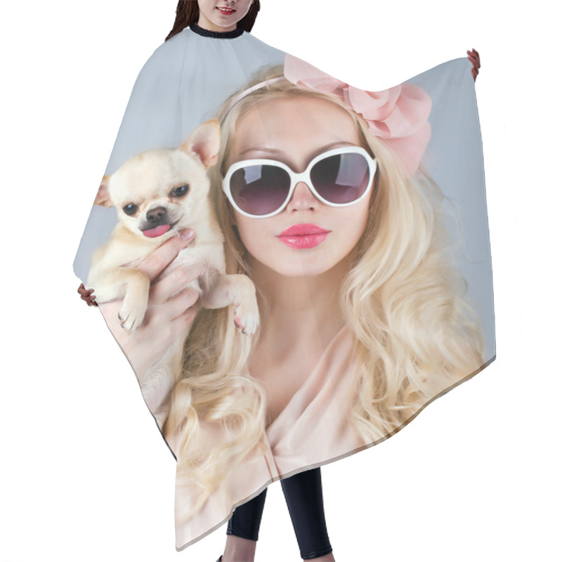 Personality  Beautiful Woman With Chihuahua In Hands Hair Cutting Cape