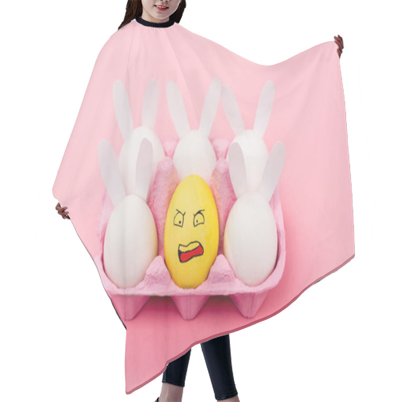 Personality  Decorative Rabbits And Yellow Egg With Irritated Facial Expression On Pink, Easter Concept Hair Cutting Cape