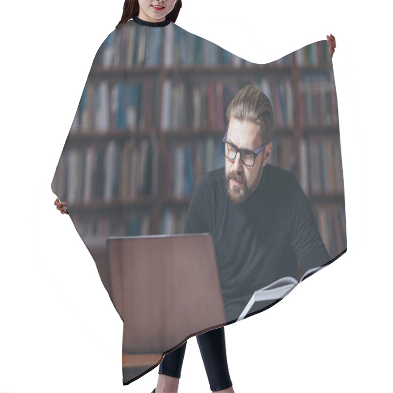 Personality  Mature Unshaven Man Using Laptop While Sitting At Library Hair Cutting Cape