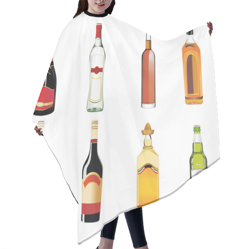 Personality  Set Of Different Drinks And Bottles On The Wall. Vector Illustration. Hair Cutting Cape