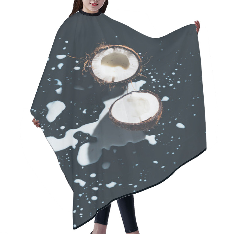 Personality  Top View Of Halved Organic Coconut And Coconut Milk On Black Hair Cutting Cape