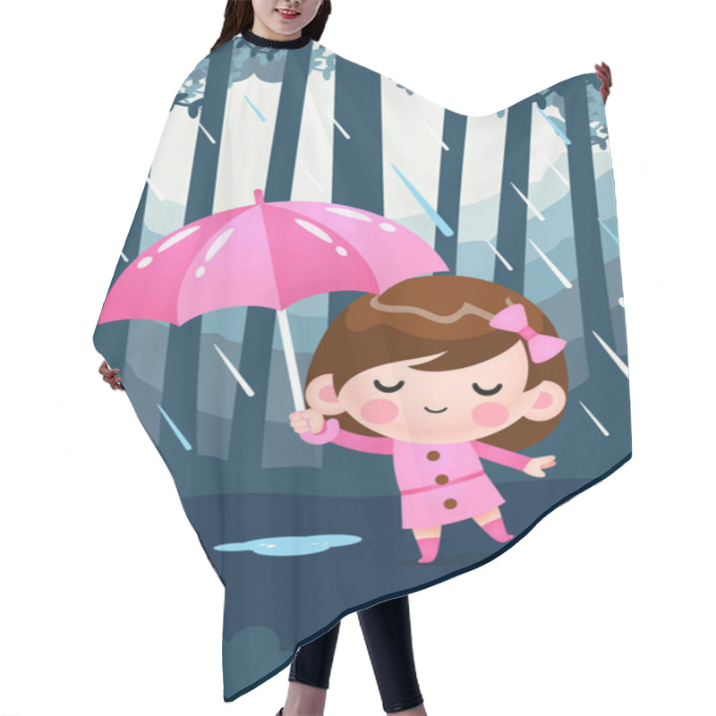 Personality  Vector Cartoon Cute Little Girl In Pink Coat Hiding Under Umbrella During The Rain Weather Hair Cutting Cape