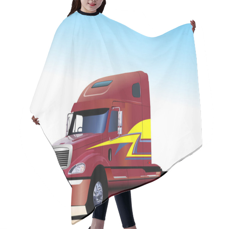 Personality  Shiny Red Semi Truck Cab Staying On A Desert Road Under Blue Sky, Ready For Transport Hair Cutting Cape