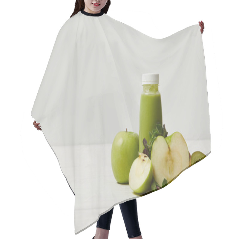 Personality  Green Detox Smoothie With Apples, Kiwi And Mint And On White Wooden Surface     Hair Cutting Cape