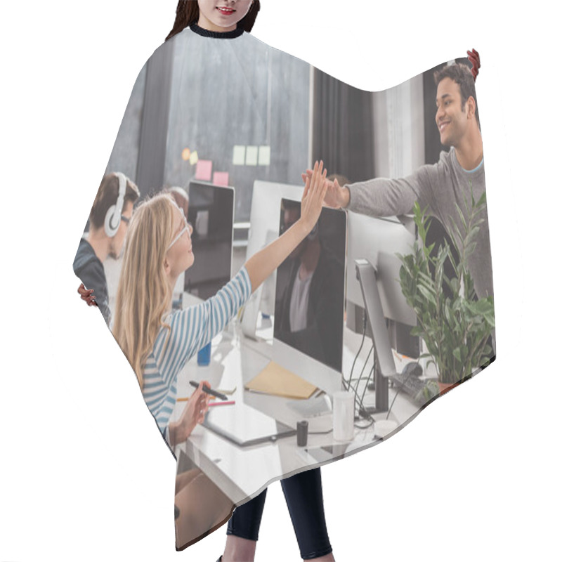 Personality  Happy Colleagues Giving High Five To Each Other At Modern Office Hair Cutting Cape