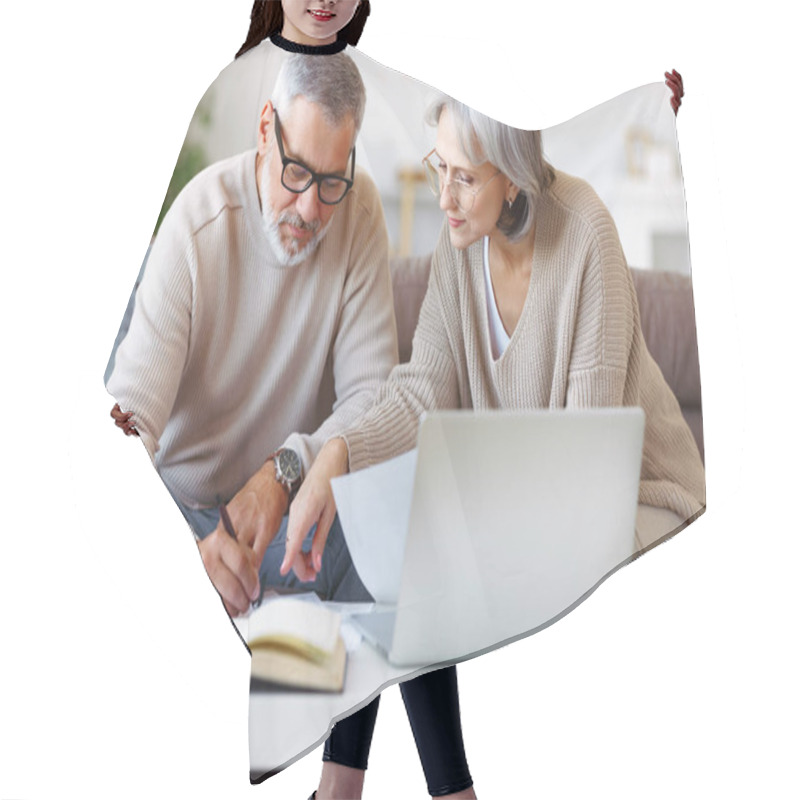 Personality  Smiling Senior Couple Reading Notification Letter With Good News From Bank While Sitting With Laptop Hair Cutting Cape