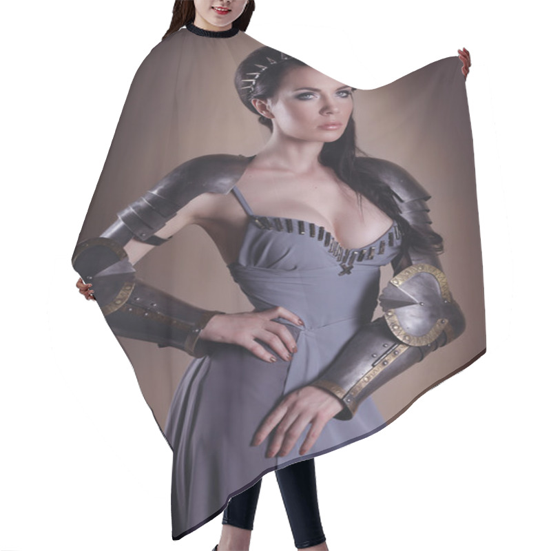 Personality  Portrait Of A Beautiful Lady Warrior, Dark-haired Girl In A Gray Hair Cutting Cape