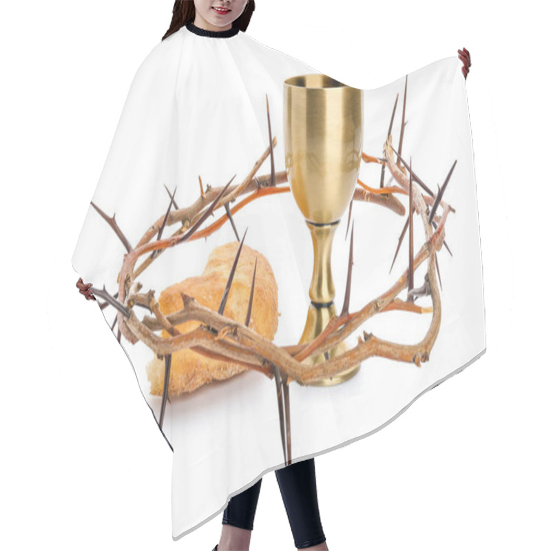 Personality  Chalice Of Wine, Bread And Crown Of Thorns On White Background Hair Cutting Cape