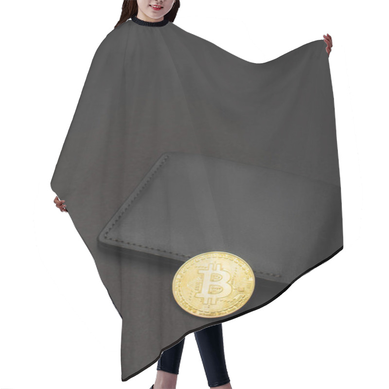 Personality  KYIV, UKRAINE - APRIL 26, 2022: High Angle View Of Golden Bitcoin On Wallet On Black Background Hair Cutting Cape