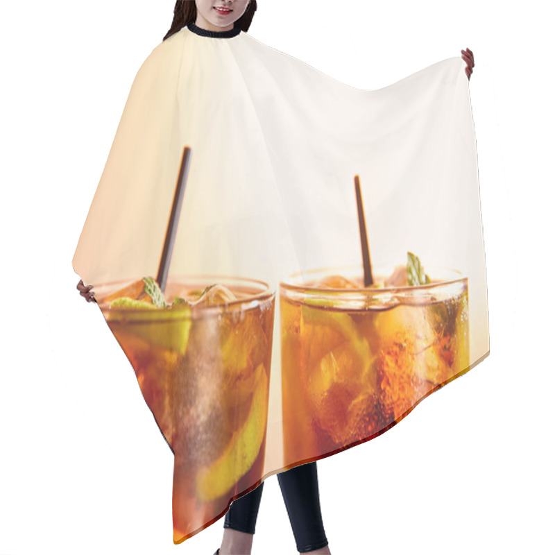 Personality  Cocktails Cuba Libre In Glasses With Straws On Beige Background  Hair Cutting Cape