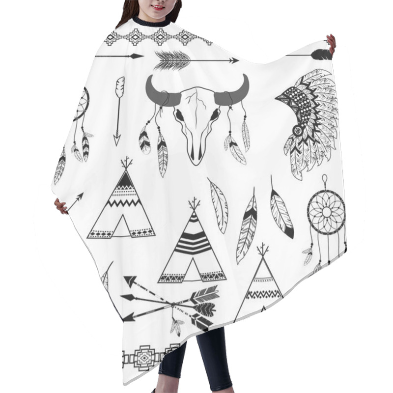 Personality  Tribal Decorative Elements.Black And White.Feathers,Indian Dream Catcher,Arrow,Aztec Tribal,Feather Headdress,Tee Pee Tents,Skull Hair Cutting Cape