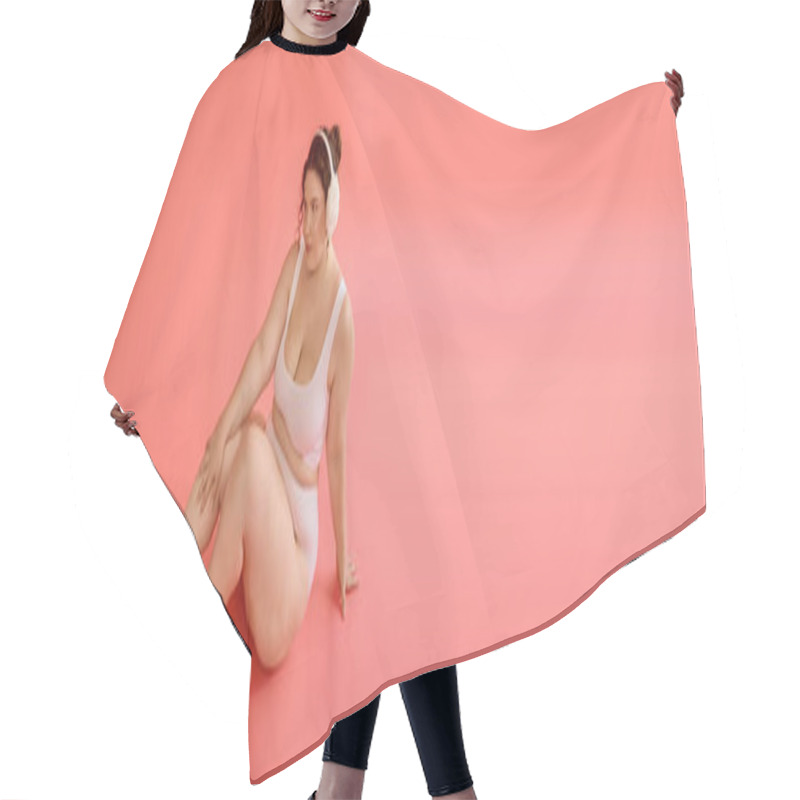 Personality  A Plus Size Woman Effortlessly Showcases Confidence And Style In A Chic, Pastel Environment. Hair Cutting Cape