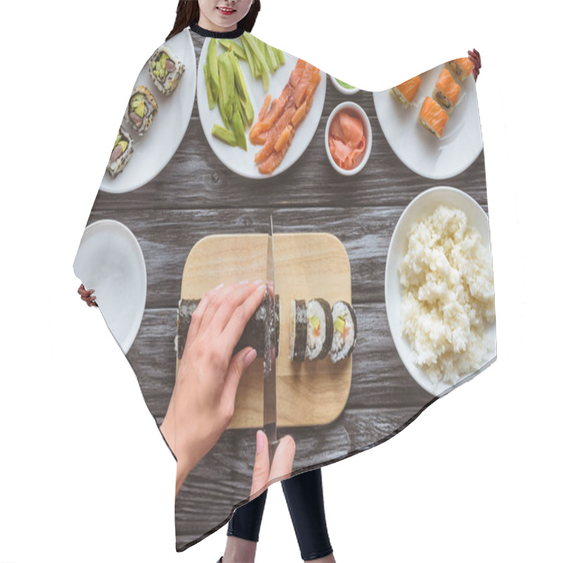 Personality  Partial Top View Of Person Cutting Delicious Sushi Roll With Knife Hair Cutting Cape