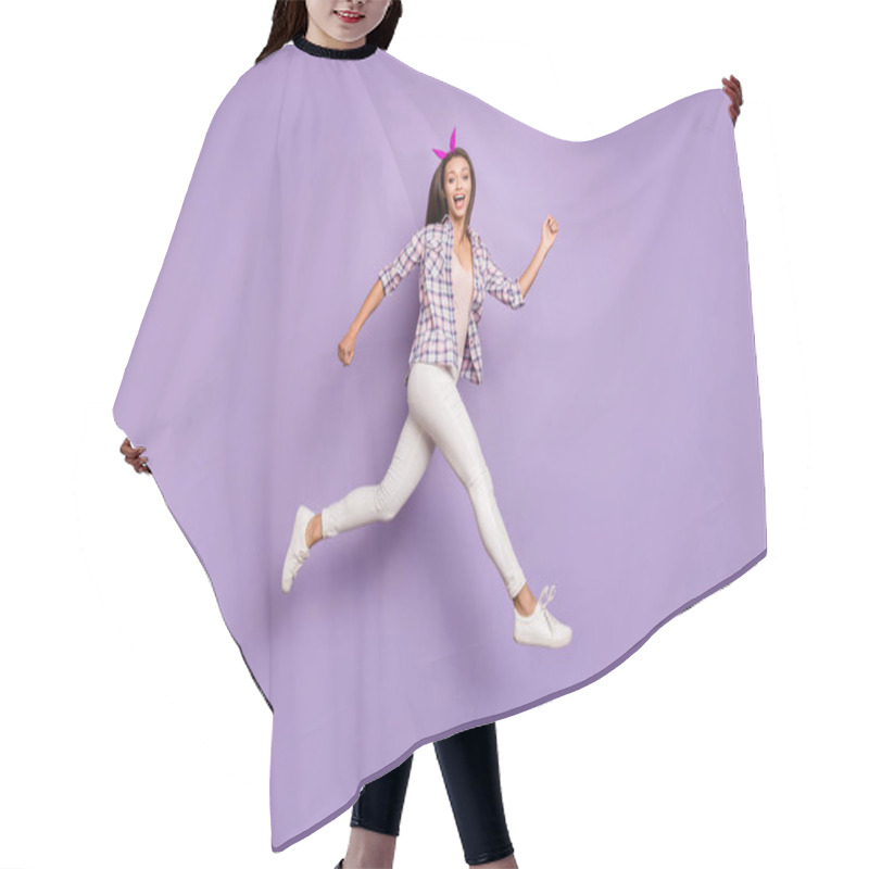 Personality  Full Length Body Size Profile Side View Of Nice Attractive Lovely Cheerful Cheery Funky Sportive Girl Running Having Fun Marathon Free Time Isolated On Violet Purple Lilac Pastel Color Background Hair Cutting Cape