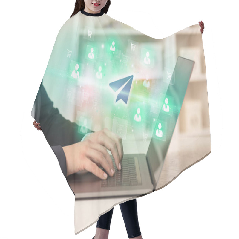 Personality  Businessman Working On Laptop With Paper Airplane Icons Coming Out From It, Successful Business Concept Hair Cutting Cape