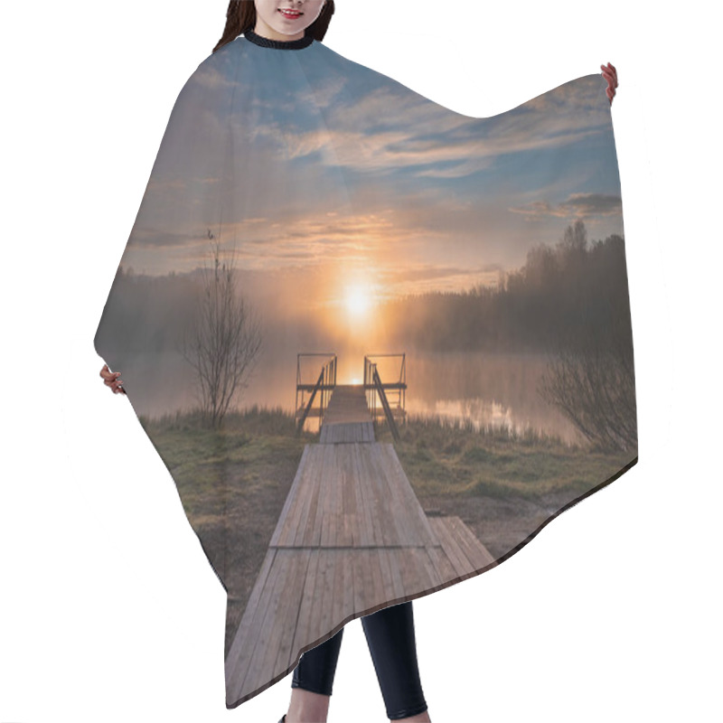 Personality  Dawn Over A Misty Lake With A Wooden Pier In The  Forest  In Early Morning Hair Cutting Cape