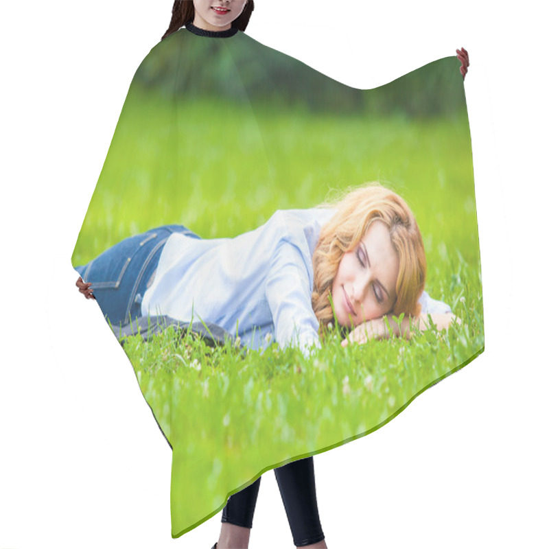 Personality  Smiling Blonde Woman In Green Grass Showing Love Hair Cutting Cape