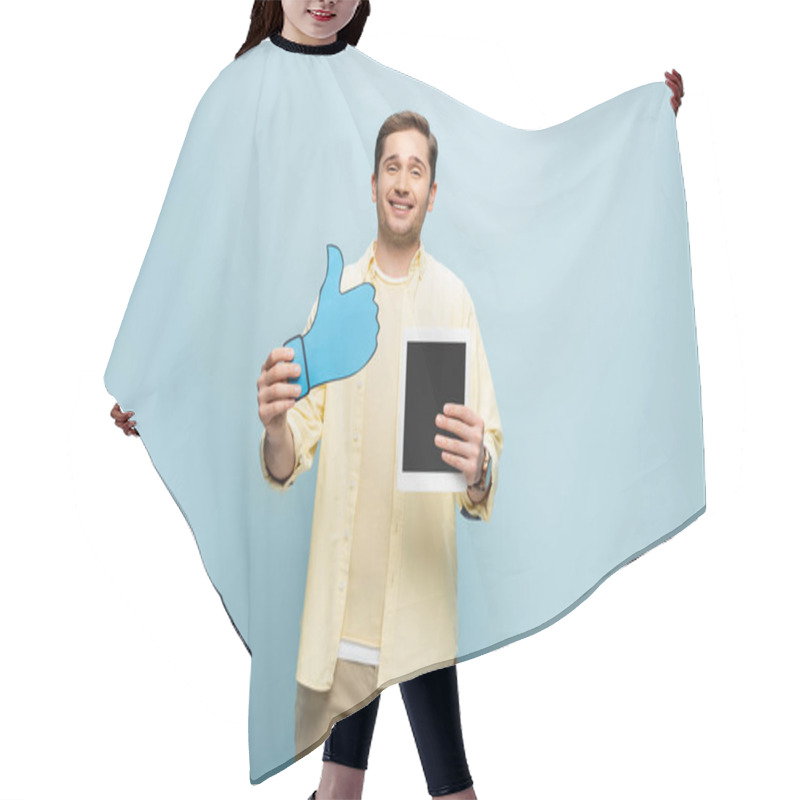 Personality  Happy Man In Shirt Holding Paper Like And Digital Tablet With Blank Screen On Blue Hair Cutting Cape