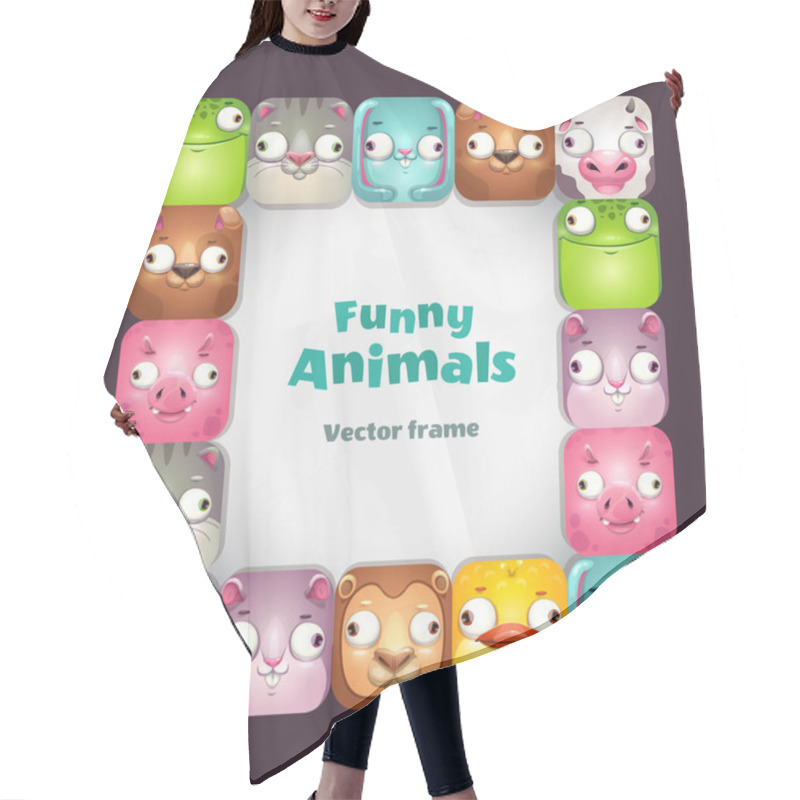 Personality  Funy Vector Square Frame With Comic Cartoon Animal Faces. Hair Cutting Cape