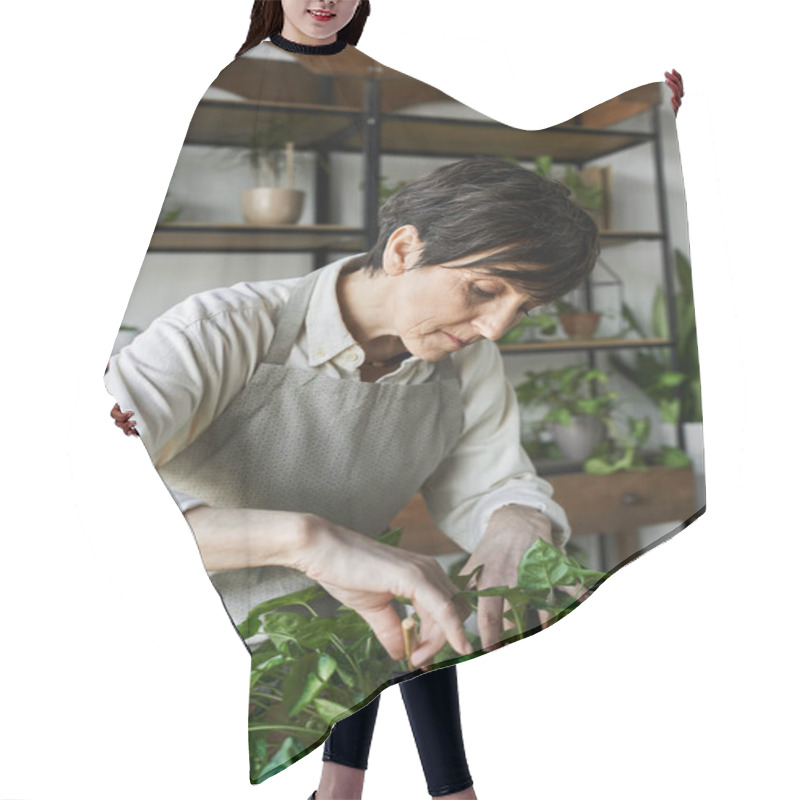 Personality  A Dedicated Gardener Nurtures Her Beloved Plants In A Bright Studio. Hair Cutting Cape