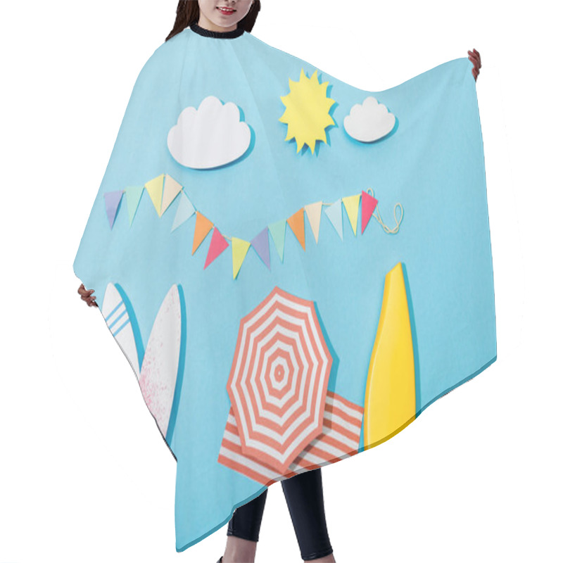 Personality  Top View Of Paper Cut Summer Beach With Surfboards And Tube Of Sunscreen On Blue Hair Cutting Cape