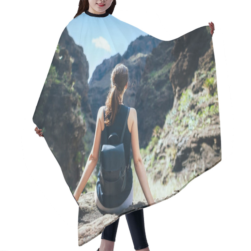 Personality  Traveler Woman Enjoy Picturesque Mountains Valley. Travel Concept Hair Cutting Cape