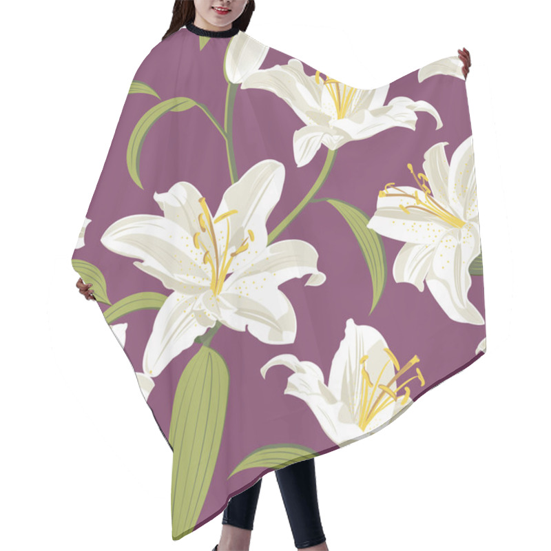 Personality  Lily Flower Seamless Pattern On Purple Background, White Lily Floral Vector Illustration Hair Cutting Cape