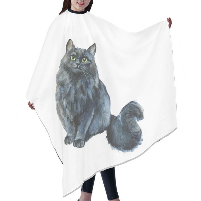 Personality  Watercolor Grey Cat. Hand Drawn Sitting Fluffy Pet On White Background. Painting Animal Illustration Hair Cutting Cape