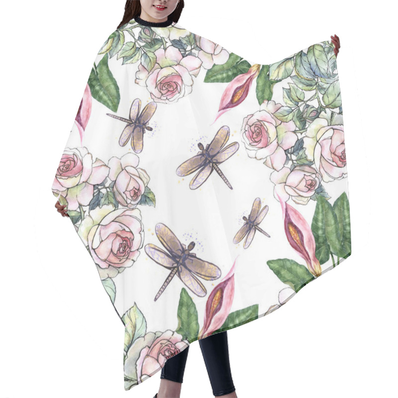 Personality  Watercolor Garden Flowers Rose With Small Dragonfly. Floral Seamless Pattern With Bouquet Delicate Flowers On White Background. Hair Cutting Cape