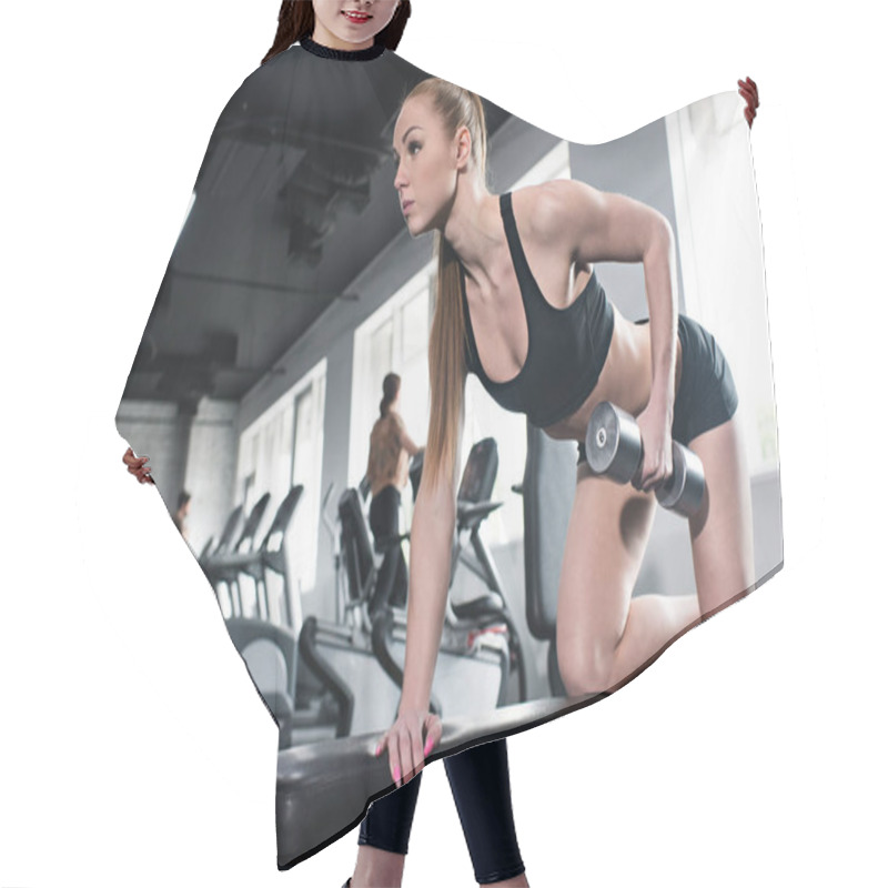 Personality  Young Woman Training With Dumbbell At Gym Hair Cutting Cape