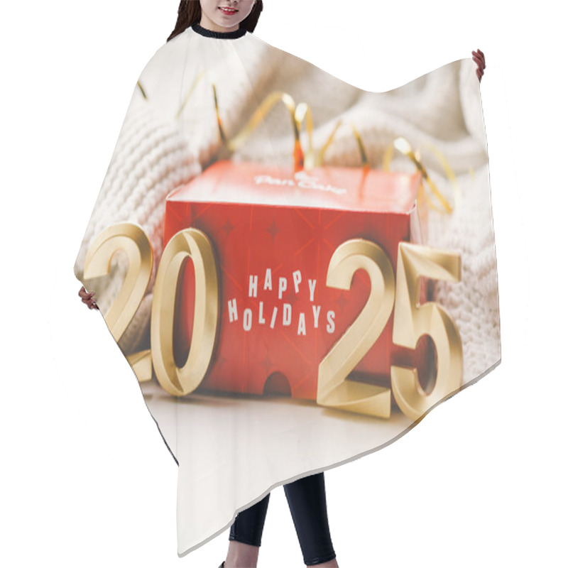 Personality  Happy New Year 2025. A Vibrant Red Gift Box Displaying The Message Of Happy Holidays Sits Beneath Golden Numbers Marking The Year 2025. Hair Cutting Cape