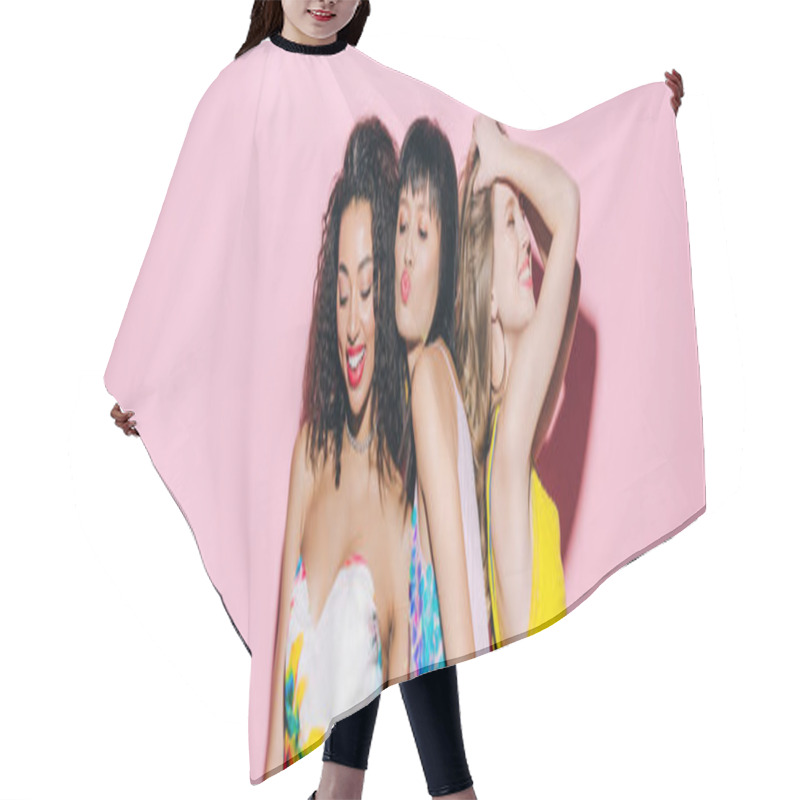 Personality  Panoramic Shot Of Happy Fashionable Multicultural Girlfriends Dancing On Pink Hair Cutting Cape