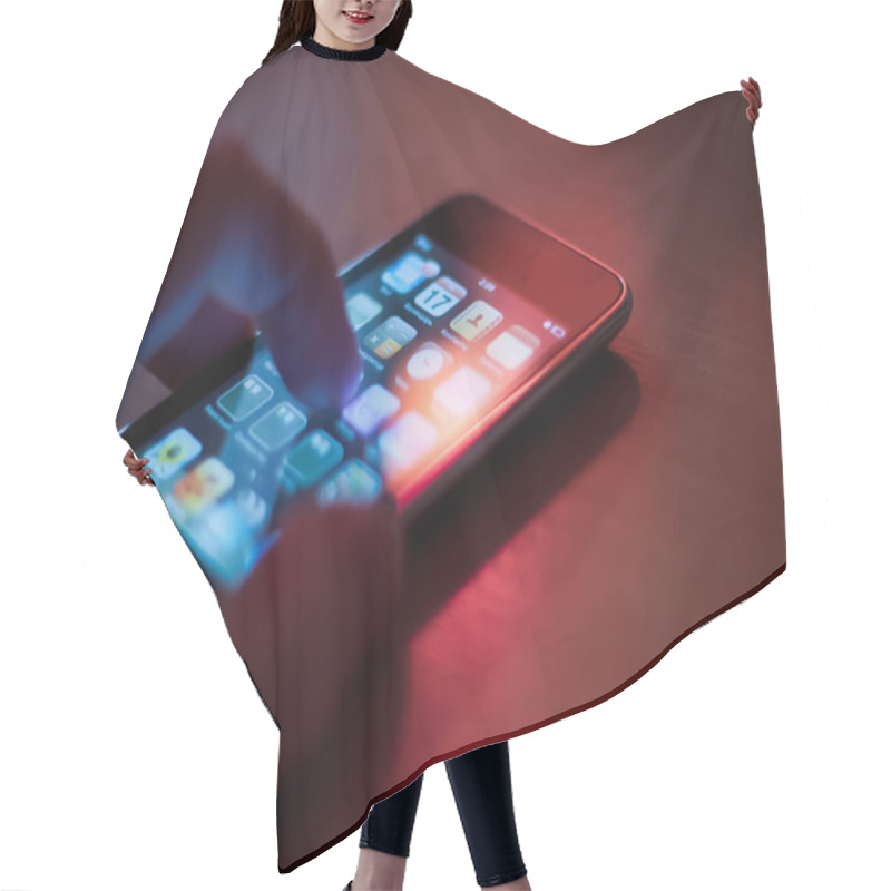 Personality  Hand Touches IPod. Hair Cutting Cape