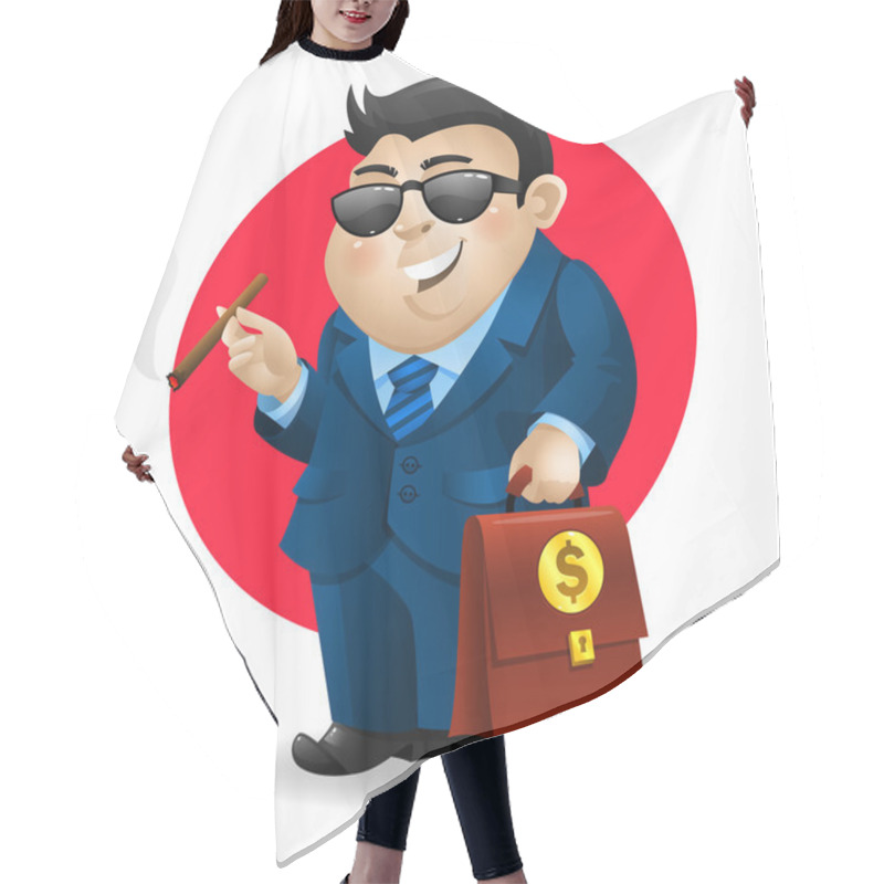 Personality  Businessman Smoking Cigar And Holds Suitcase Hair Cutting Cape