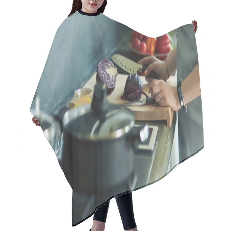 Personality  Young Woman Cutting Vegetables In Kitchen Standing Near Desk Hair Cutting Cape