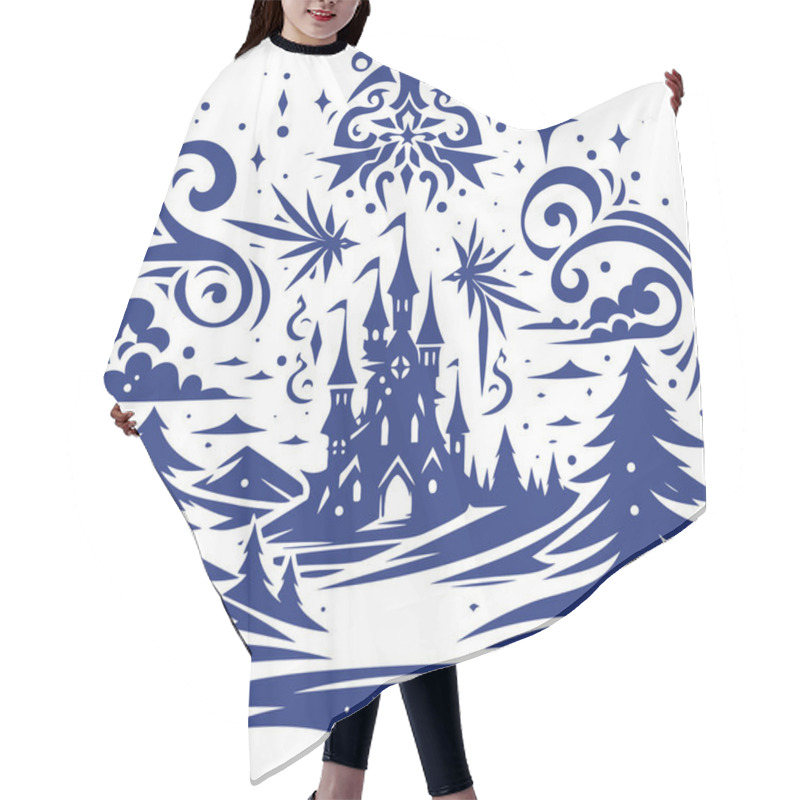 Personality  Fantasy Castle In A Winter Wonderland With Decorative Swirls And Stars Suitable For Holiday Cards And Winter Themed Designs Hair Cutting Cape