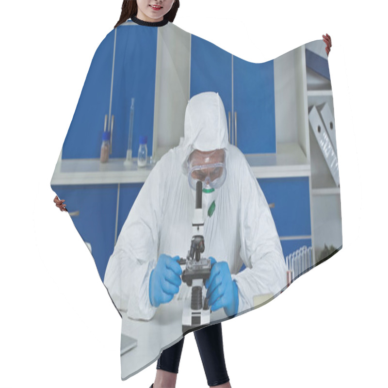 Personality  Scientist Working With Microscope Near Laptop In Laboratory Hair Cutting Cape