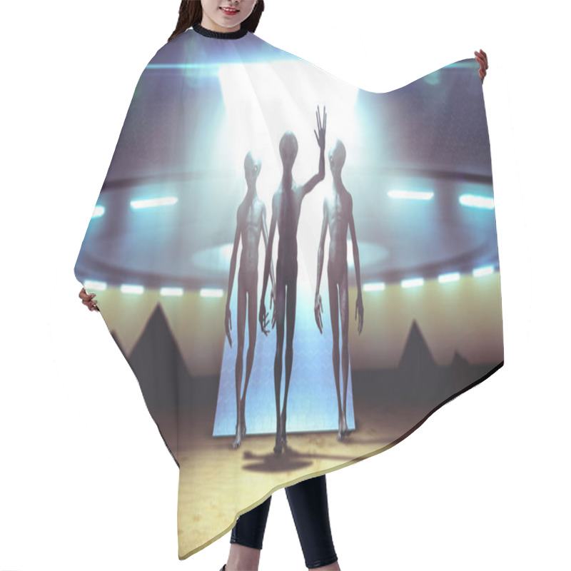 Personality  Aliens Landing With Ufo On Earth Coming In Peace Near Pyramids - 3D Rendering Hair Cutting Cape