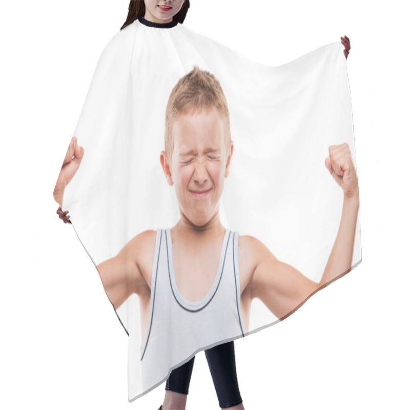 Personality  Smiling Sport Child Boy Showing Hand Biceps Muscles Strength Hair Cutting Cape