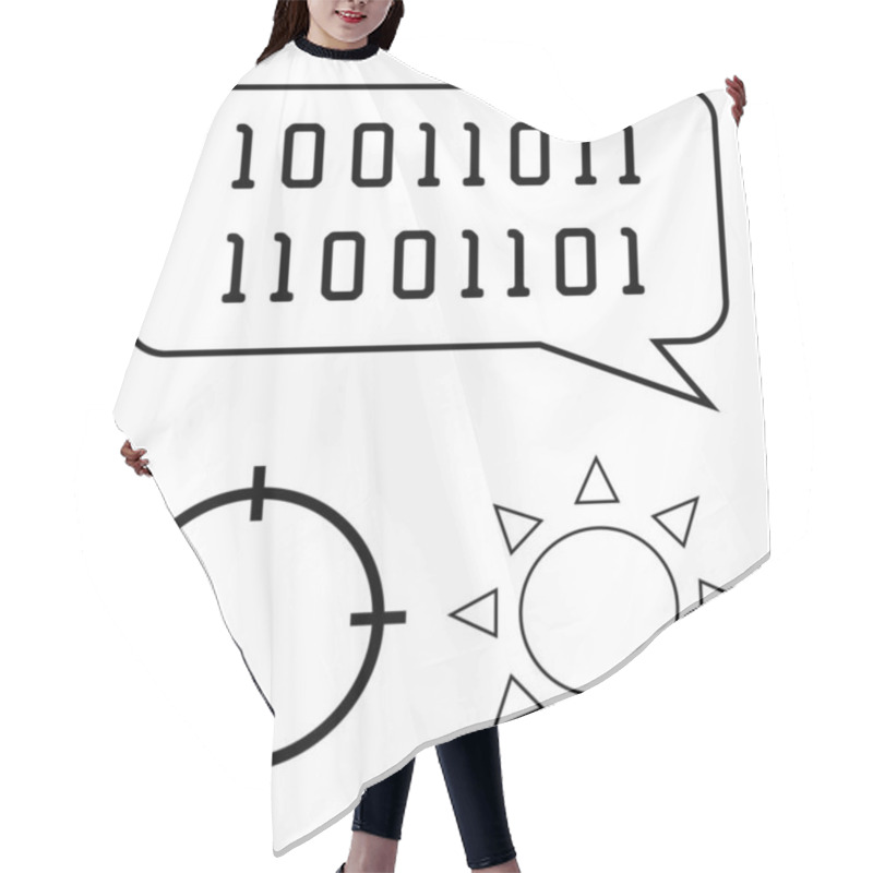 Personality  Speech Bubble With Binary Code Above Target And Sun Icons Representing Focus And Energy. Ideal For Technology, Communication, Coding, Precision, Data Analysis, Renewable Energy, And Design Concepts Hair Cutting Cape