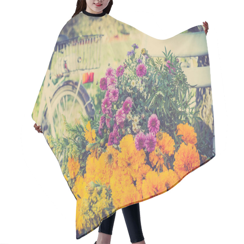 Personality  Autumn Flowers Bouquet In The Garden. Blurred Retro Bike In The Background, Vintage Photo. Hair Cutting Cape