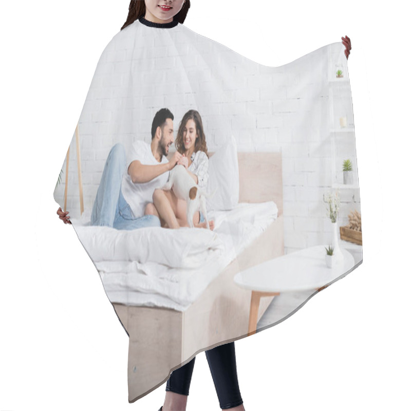 Personality  Smiling Interracial Couple Cuddling Jack Russell Terrier In Bedroom Hair Cutting Cape