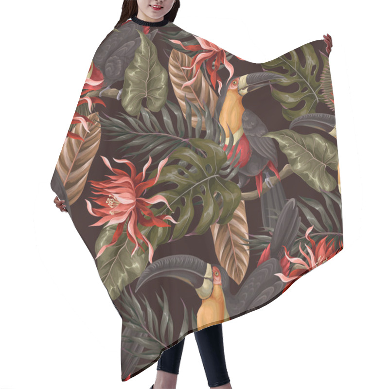 Personality  Seamless Pattern With Toucans And Tropical Leaves. Vector Hair Cutting Cape