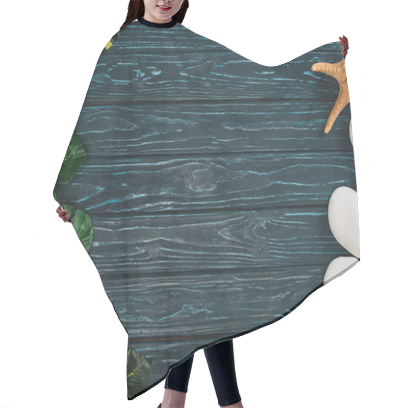 Personality  Top View Of Leaves With Sea Stones And Starfish On Dark Wooden Background With Copy Space Hair Cutting Cape