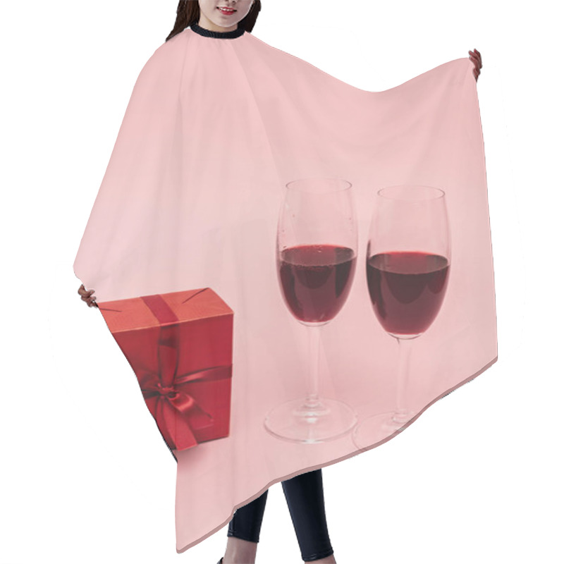 Personality  Red Wine In Glasses Near Gift Isolated On Pink Hair Cutting Cape