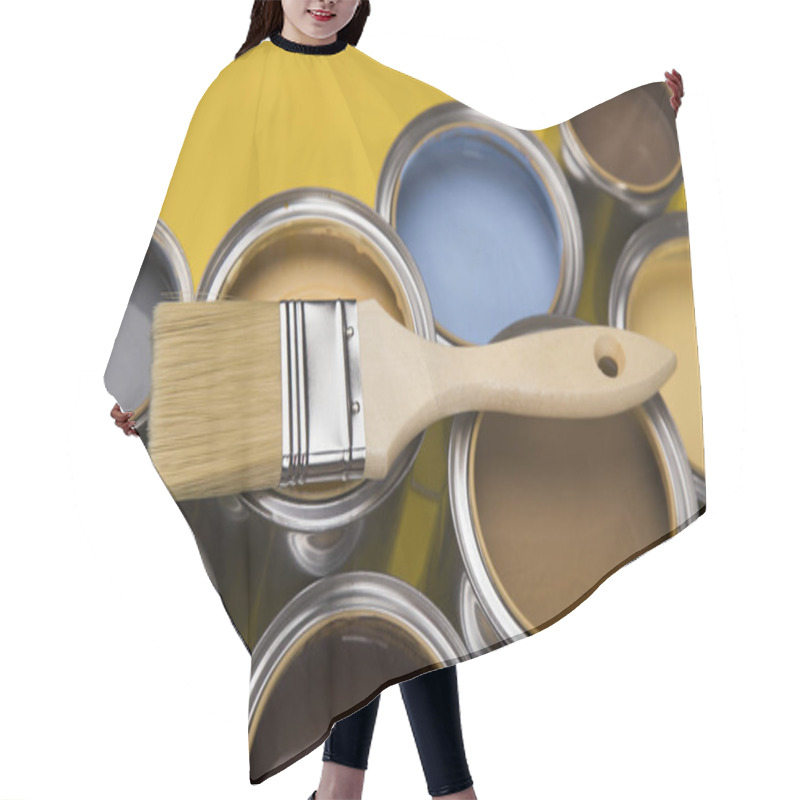 Personality  Can With Paint And Paintbrush, Yellow Background Hair Cutting Cape