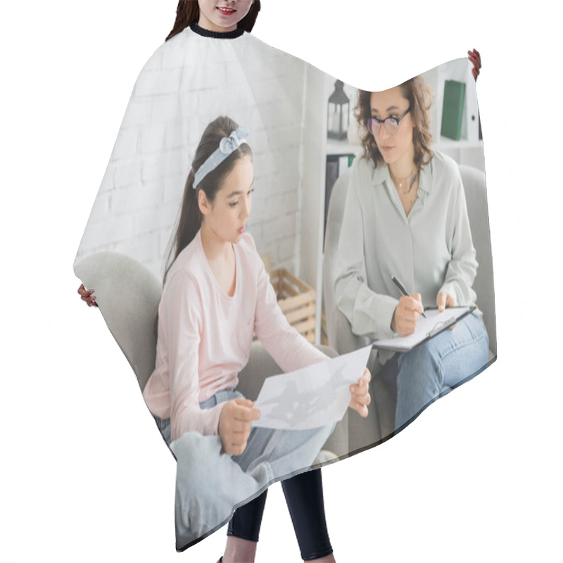 Personality  Kid Holding Rorschach Test And Talking To Psychologist With Clipboard In Consulting Room  Hair Cutting Cape