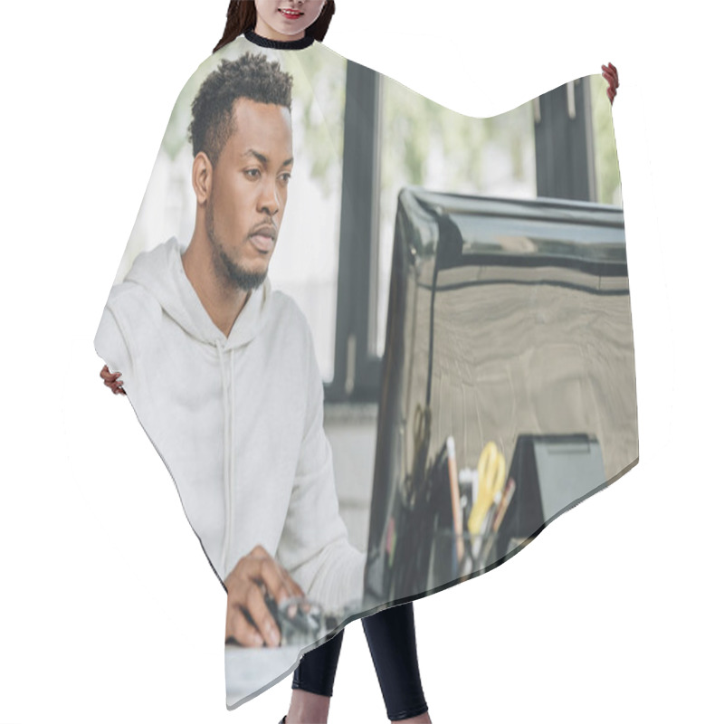 Personality  Young African American Programmer Working On Computer In Office Hair Cutting Cape