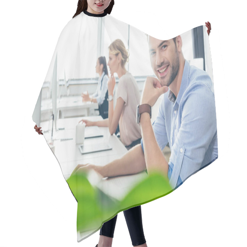 Personality  Handsome Businessman In Office Hair Cutting Cape