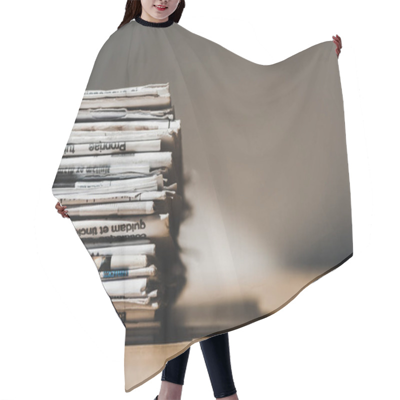 Personality  Different Print Newspapers In Pile On Wooden Table With Shadow Hair Cutting Cape